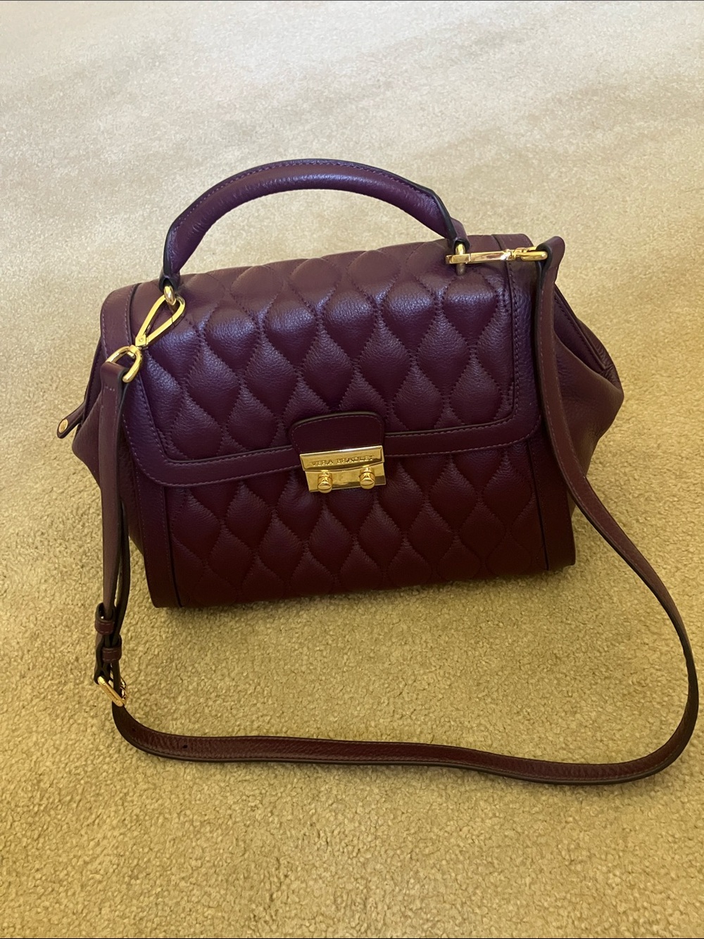 Vera Bradley Quilted Leather Stella Satchel in Aubergine, eggplant gold hardware - Picture 2 of 14